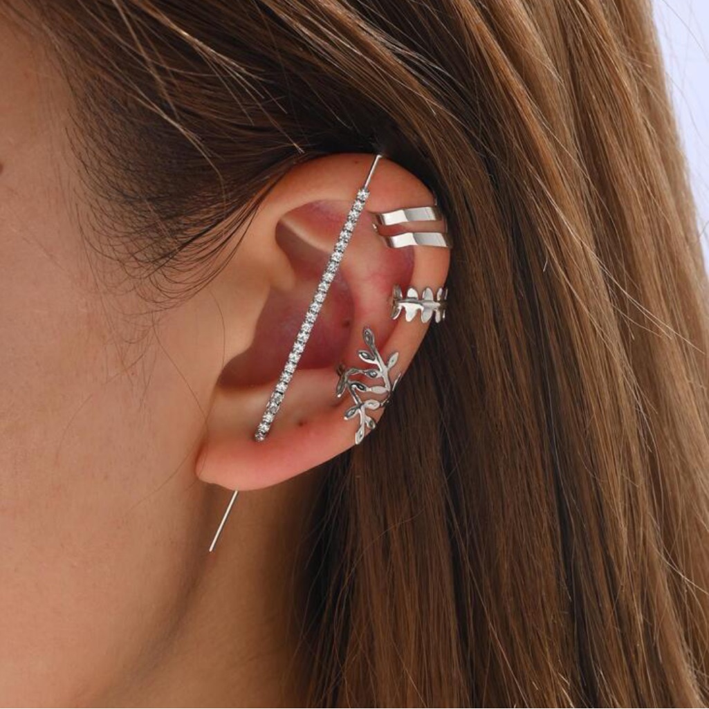 216 New 4 Piece Earring Bar Clip Set Silver Tone With Cubic Zirconia Accents 8$